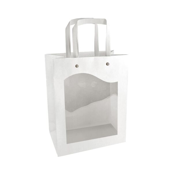 Sac en carton et plastique Délicatessen avec grande ouverture et poignées plates 150 + 75 x 185 mm blanc