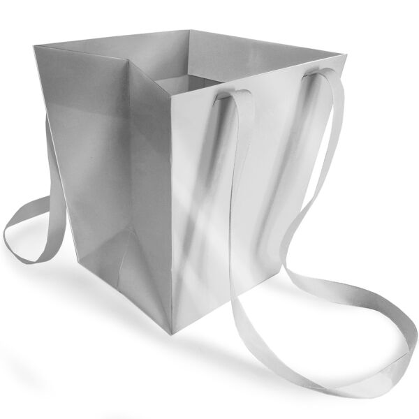 Elegant cardboard bag with ribbon handles b:125 B:163 H:181 mm argent