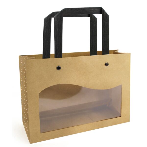 Sac en carton et plastique Délicatessen avec grande ouverture et poignées plates 200 + 75 x 150 mm blanc