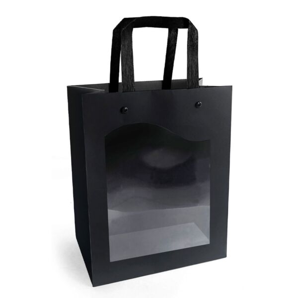 Delicatessen cardboard and plastic bag with wide opening and flat handles 110 + 80 x 140 mm noir