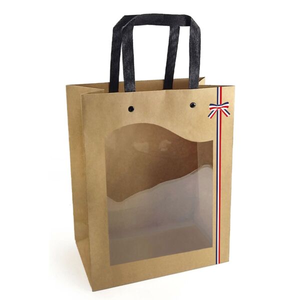 Delicatessen cardboard and plastic bag with wide opening and flat handles 110 + 80 x 140 mm multicouleur